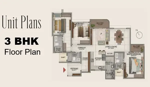 Godrej Peenya 3 BHK floor plan, 1,500 to 1,900 sq.ft. super built-up area