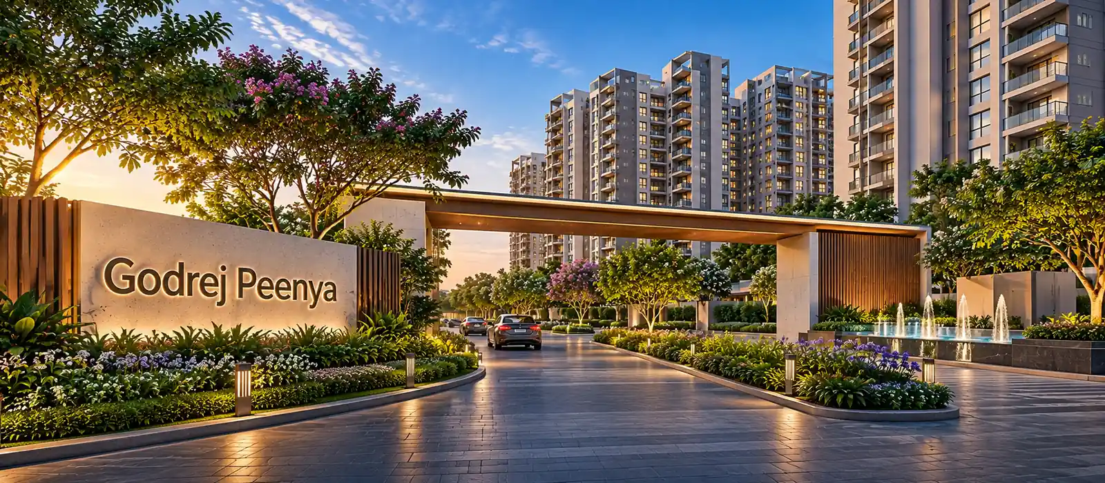 Illuminated entrance and apartment towers of Godrej Peenya at dusk, Peenya, Bengaluru